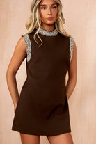 Gracella Chocolate Diamante High Neck Dress - Vavavoom.ie