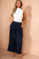 Haidee Navy Pleated Fold Over Trousers