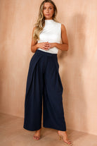 Haidee Navy Pleated Fold Over Trousers