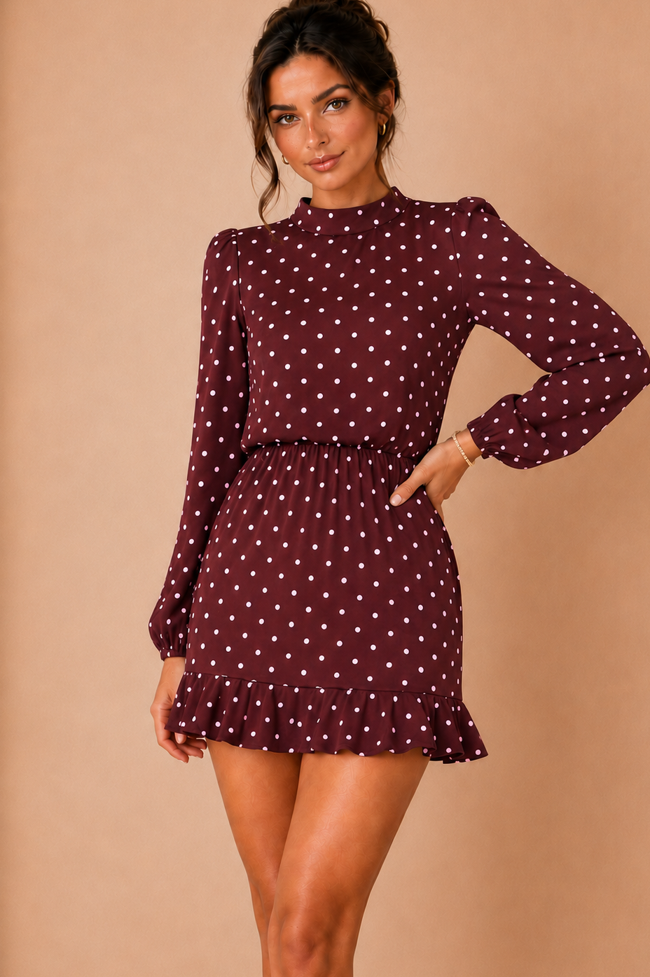 Haley Burgundy and Pink Polka Dot High Neck Mini Dress