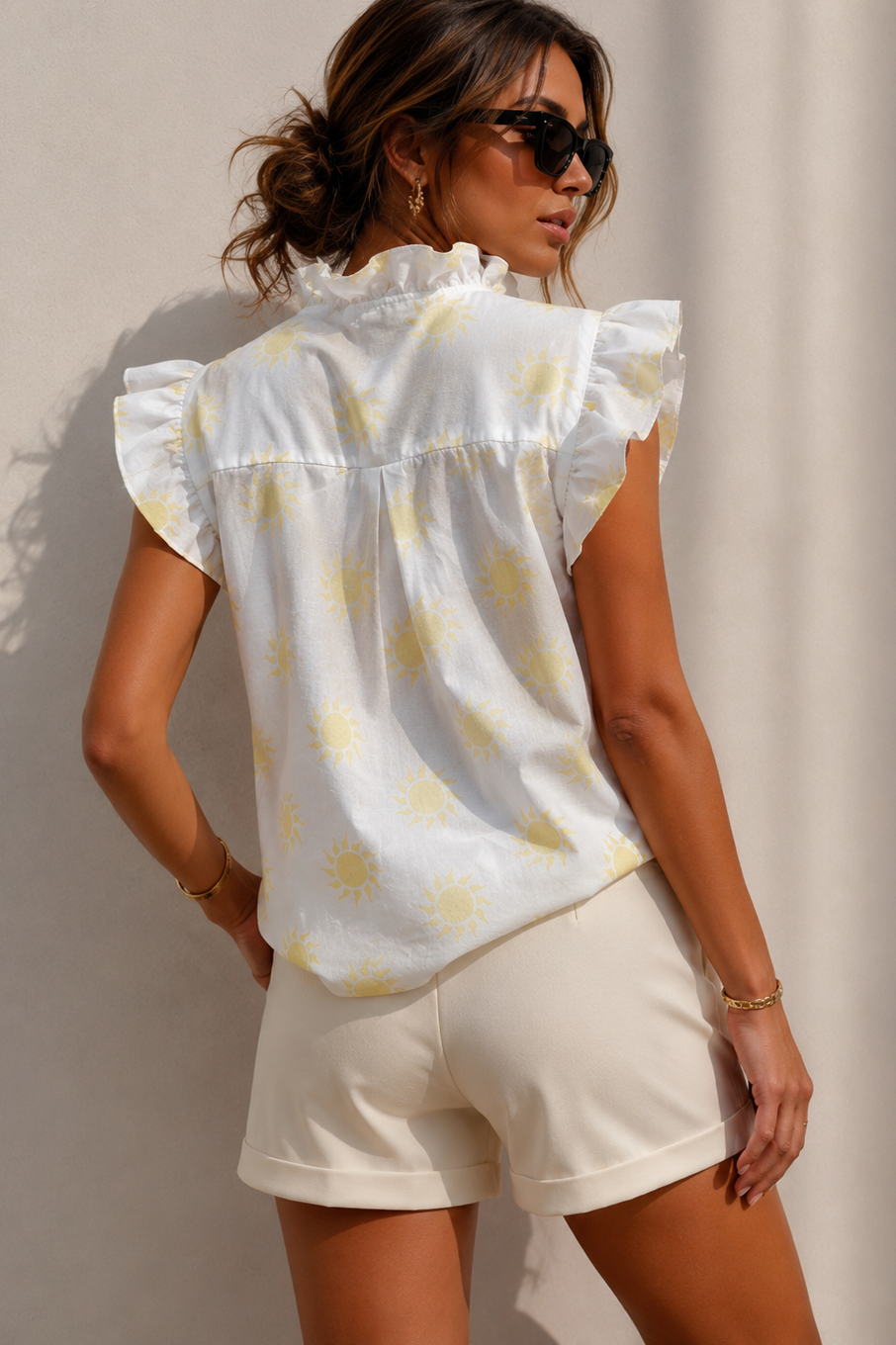 Harlen White Sun Print Frill Blouse