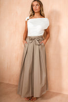 Hattie Khaki Cotton Pleated Midi Skirt