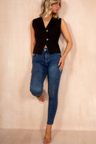 Haylie Black Knit Button Front Top