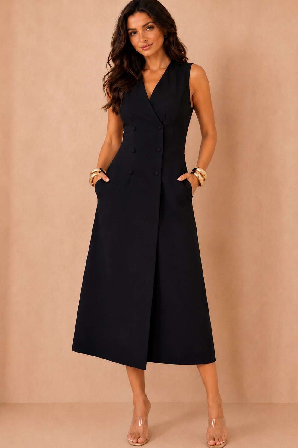 Hazel Black Tailored Sleeveless Midi Dress