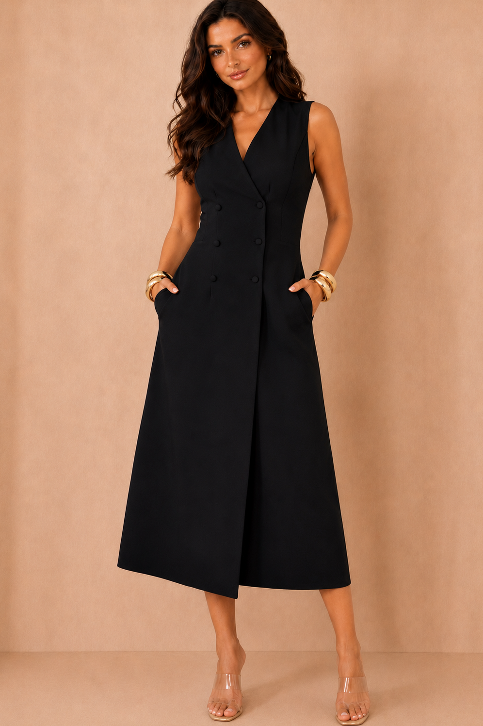 Hazel Black Tailored Sleeveless Midi Dress