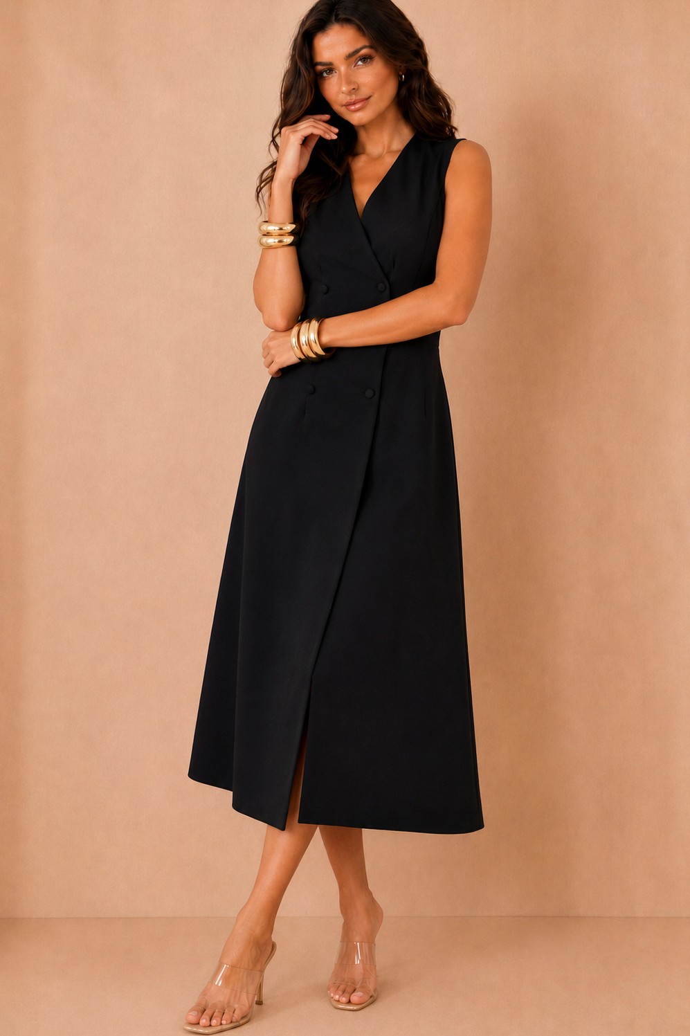 Hazel Black Tailored Sleeveless Midi Dress