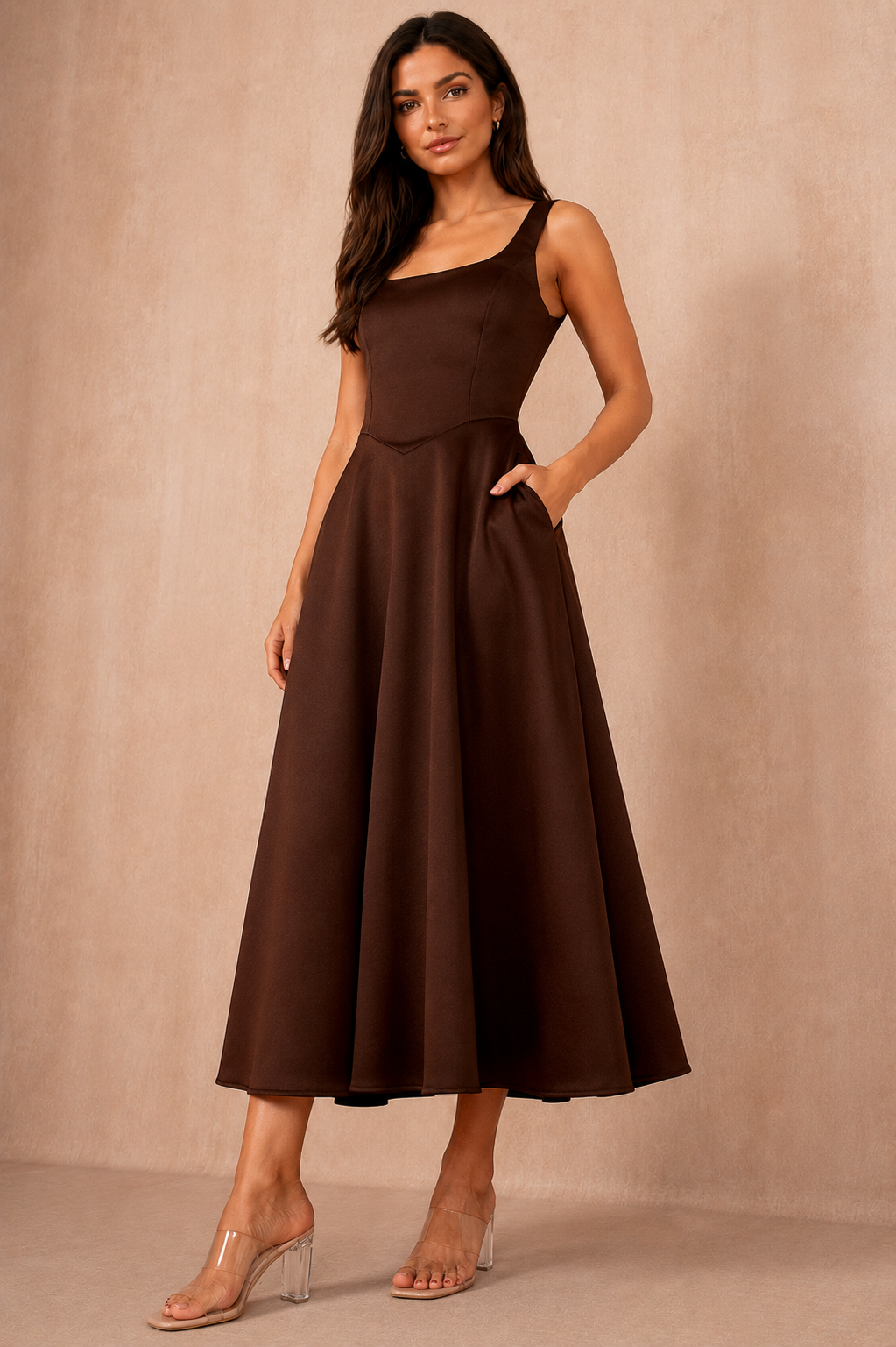 Henley Chocolate Square Neck Scuba Dress