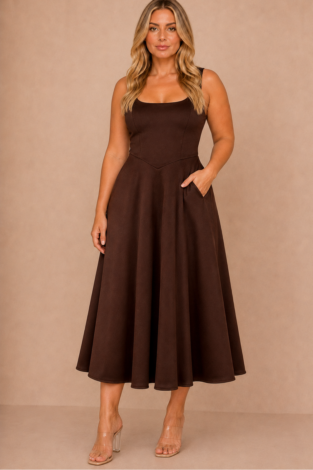 Henley Chocolate Square Neck Scuba Dress