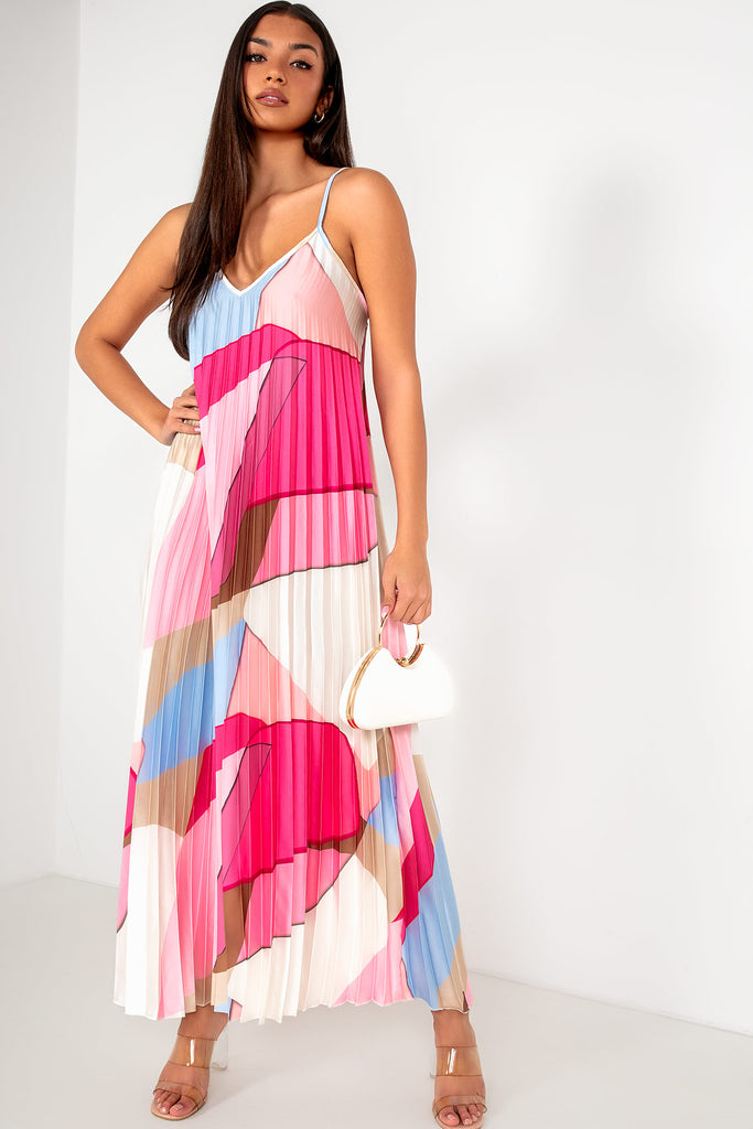 Hilda Pink Satin Pleated Print Dress