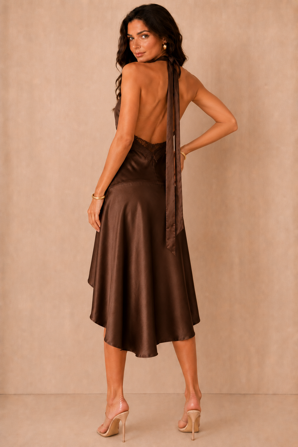 Hillary Chocolate Satin Cowl Neck Dress