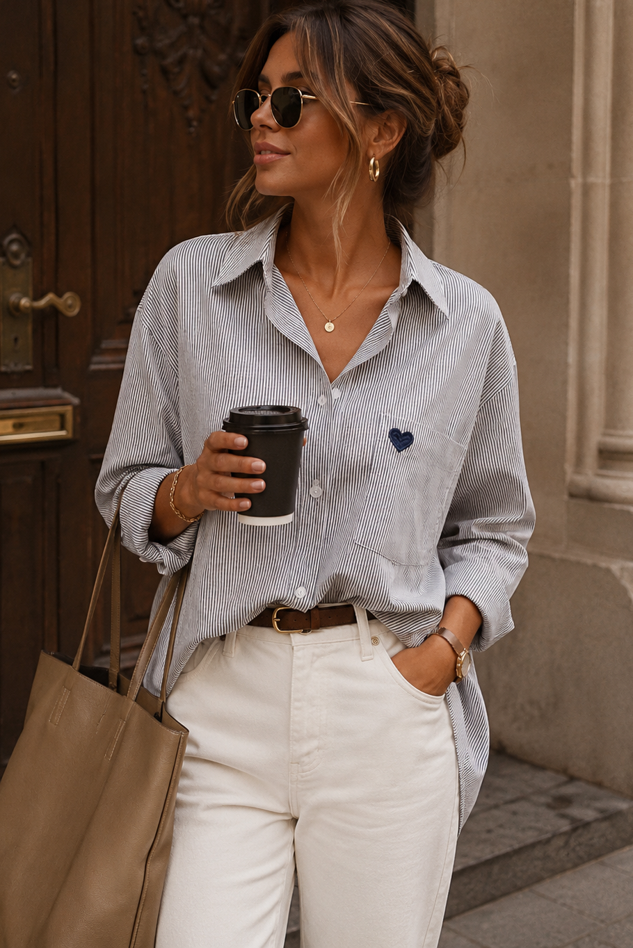 Ida Navy Striped Heart Print Shirt