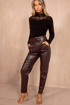 India Burgundy Leather Look Paperbag Trousers