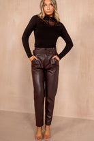 India Burgundy Leather Look Paperbag Trousers