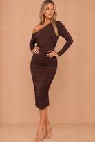 Isabella Chocolate Off The Shoulder Ruched Midi Dress