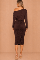 Isabella Chocolate Off The Shoulder Ruched Midi Dress