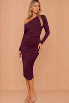 Isabella Plum Off The Shoulder Ruched Midi Dress