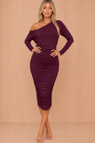 Isabella Plum Off The Shoulder Ruched Midi Dress