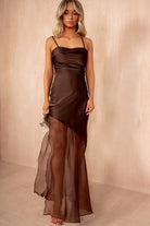 Isobel Chocolate Satin Asymmetric Maxi Dress