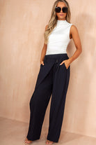 Iyla Navy Pinstripe Wrap Front Trousers