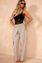 Iyla Taupe Pinstripe Wrap Front Trousers
