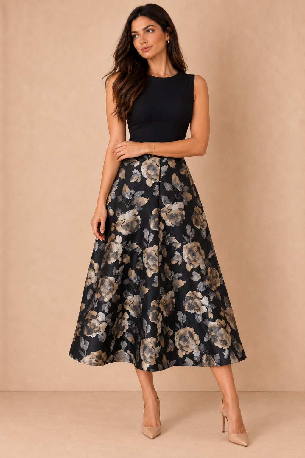 Jada Black 2 In 1 Floral Jacquard Midi Dress