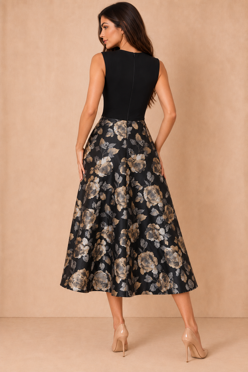 Jada Black 2 In 1 Floral Jacquard Midi Dress