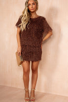 Jade Chocolate Faux Feather Sparkle Top