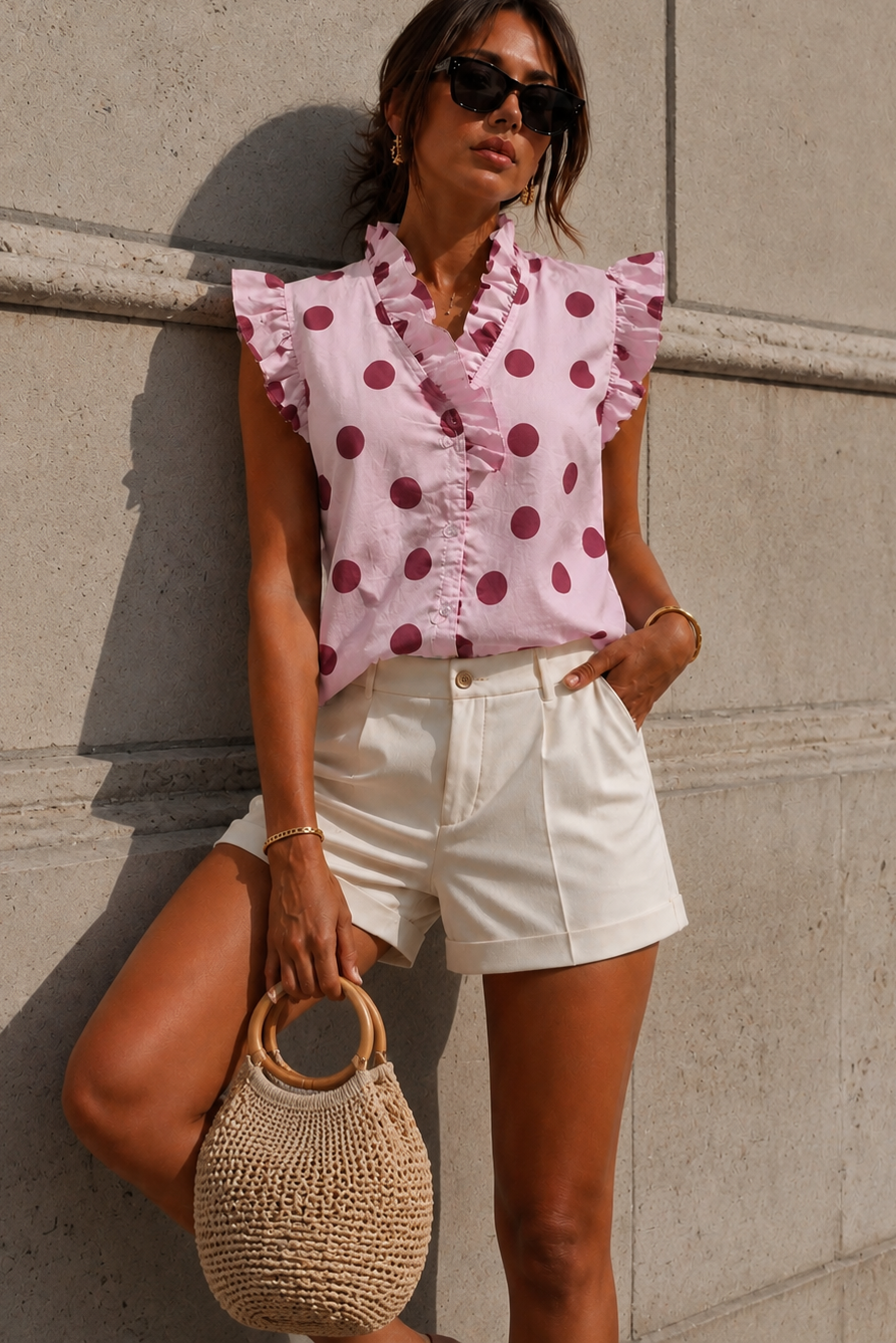 Jade Pink Polka Dot Frill Blouse