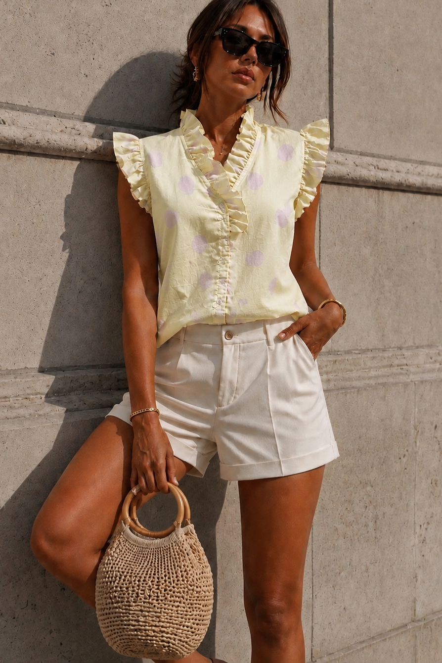 Jade Soft Yellow Polka Dot Frill Blouse