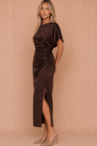 jaiden-chocolate-satin-one-sleeve-ruched-midi-dress