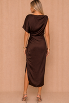 jaiden-chocolate-satin-one-sleeve-ruched-midi-dress