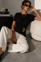Jasmine Black Cotton Ruched Gold Buckle Top