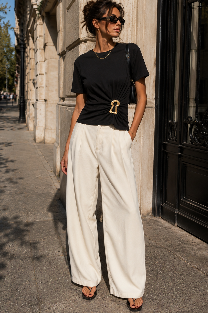 Jasmine Black Cotton Ruched Gold Buckle Top