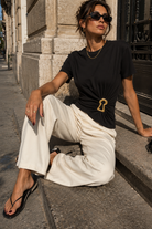 Jasmine Black Cotton Ruched Gold Buckle Top