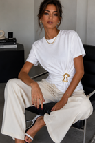 Jasmine White Cotton Ruched Gold Buckle Top