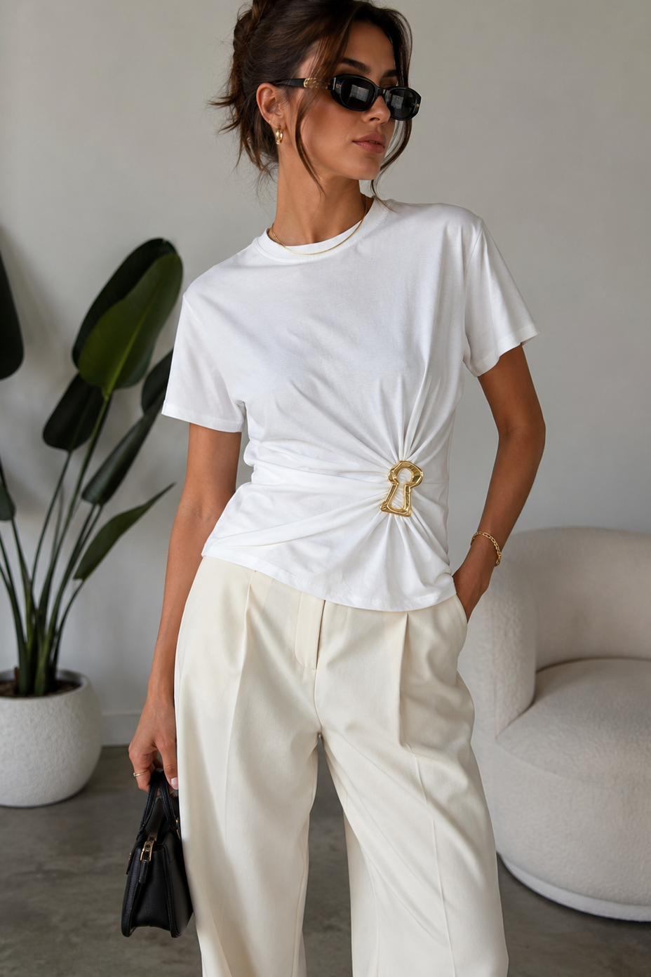 Jasmine White Cotton Ruched Gold Buckle Top