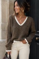 Jayleen Chocolate Knit Lace Detail Jumper
