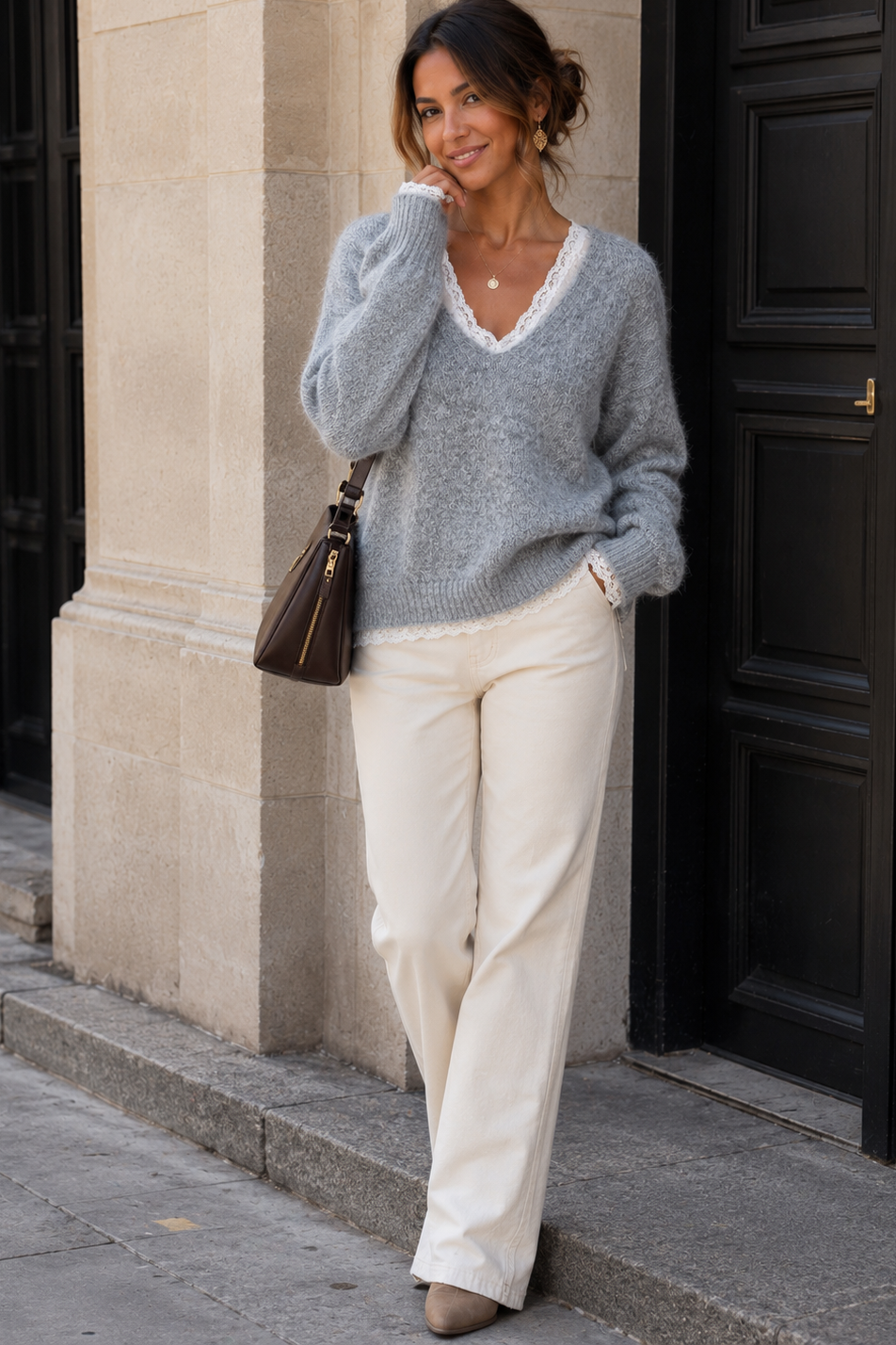 Jayleen Grey Knit Lace Detail Jumper