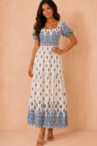 Jazmin Blue Border Print Midi Dress