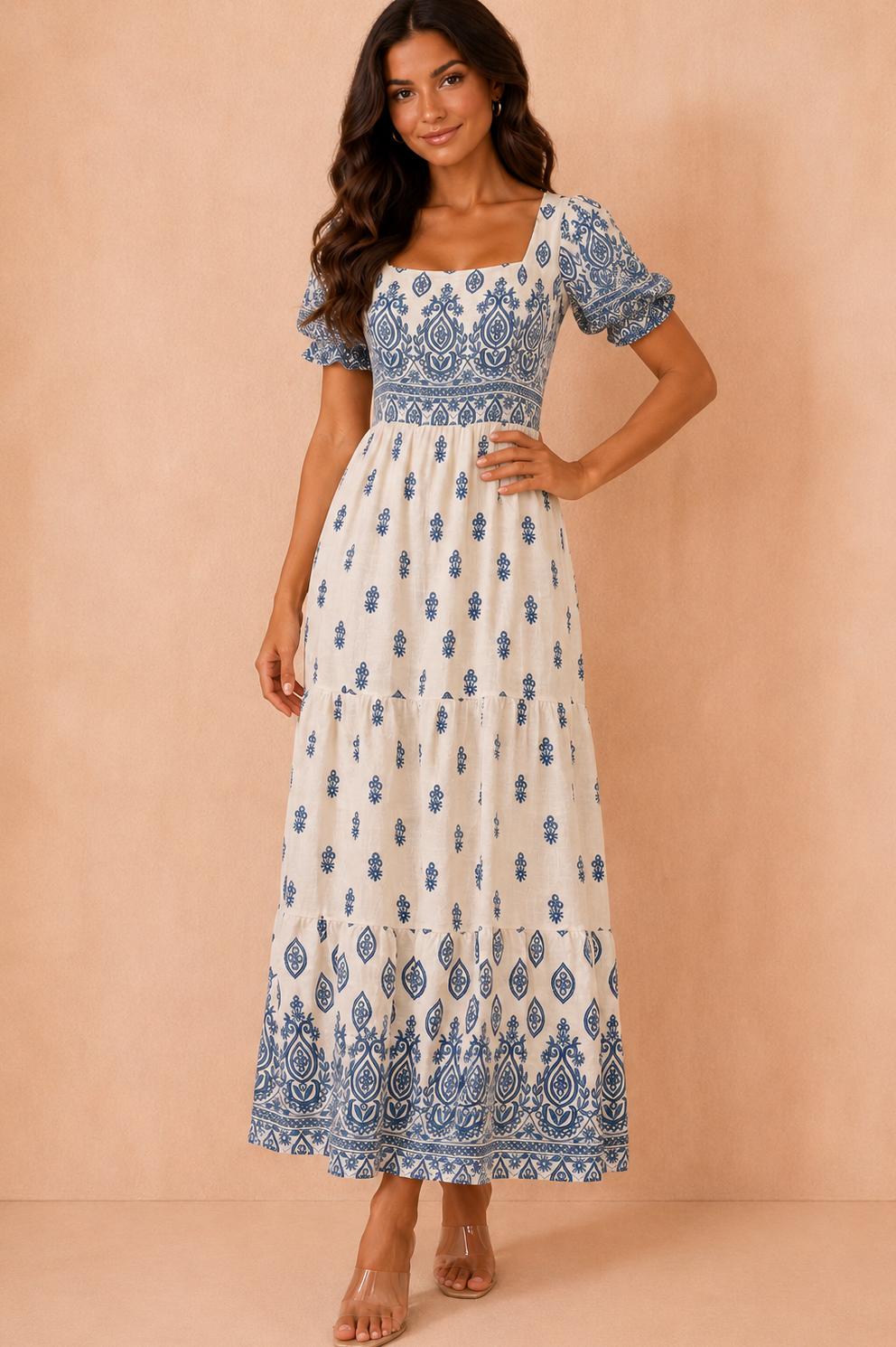 Jazmin Blue Border Print Midi Dress