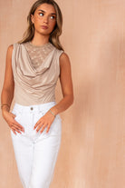 Jessie Taupe Sleeveless Cowl Neck Bodysuit