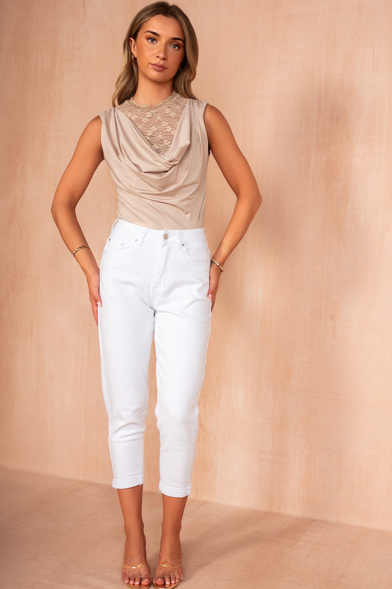 Jessie Taupe Sleeveless Cowl Neck Bodysuit