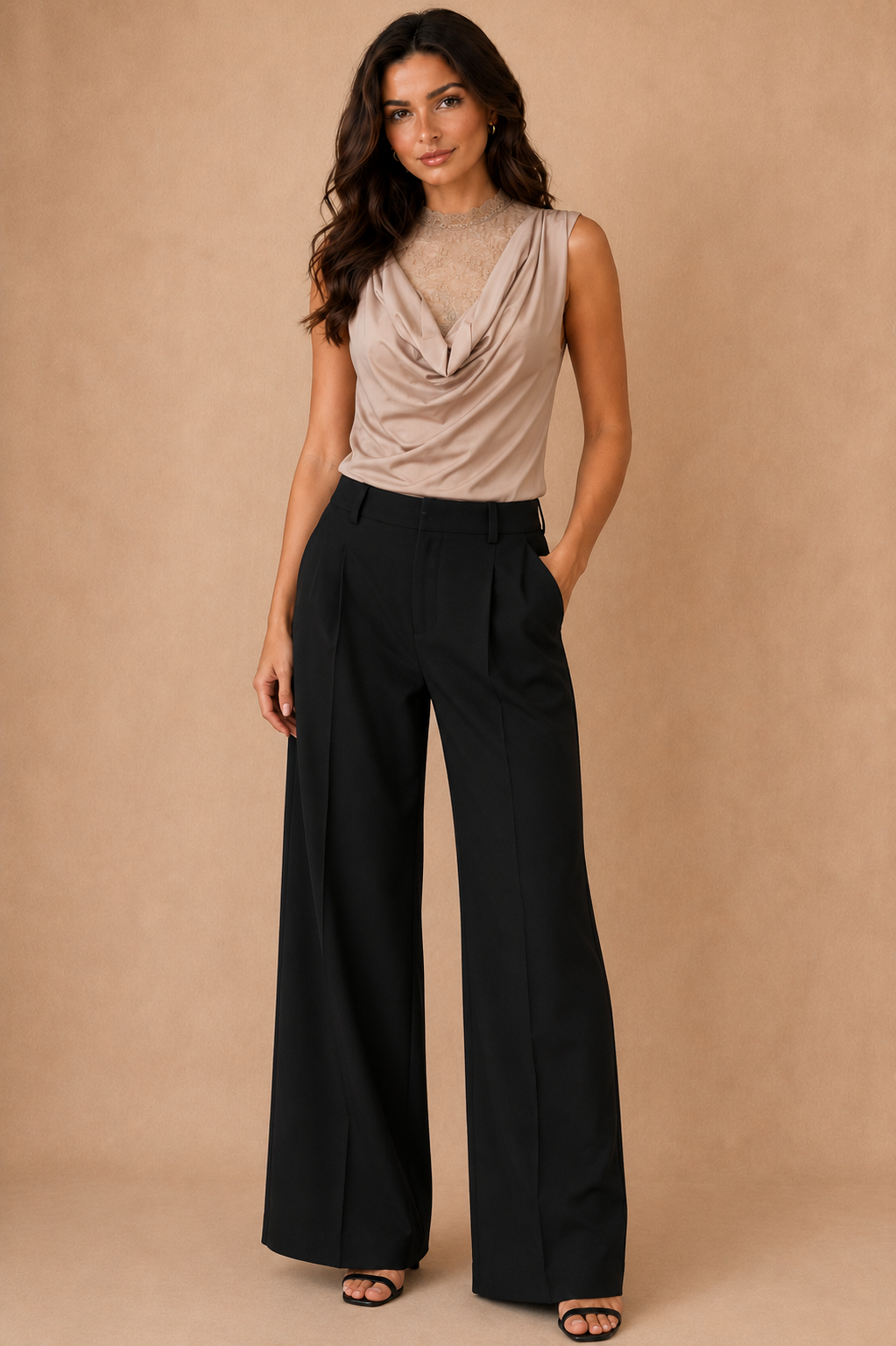 Jessie Taupe Sleeveless Cowl Neck Bodysuit