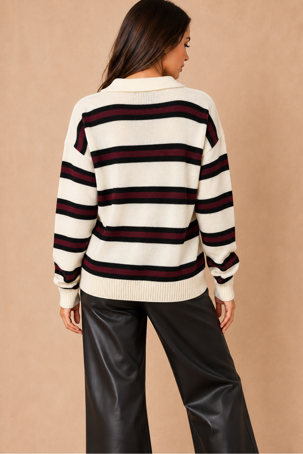 Johanna White Knit Striped Polo Top