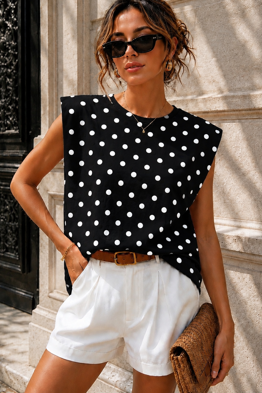 Jolene Black Polka Dot Shoulder Pad T Shirt