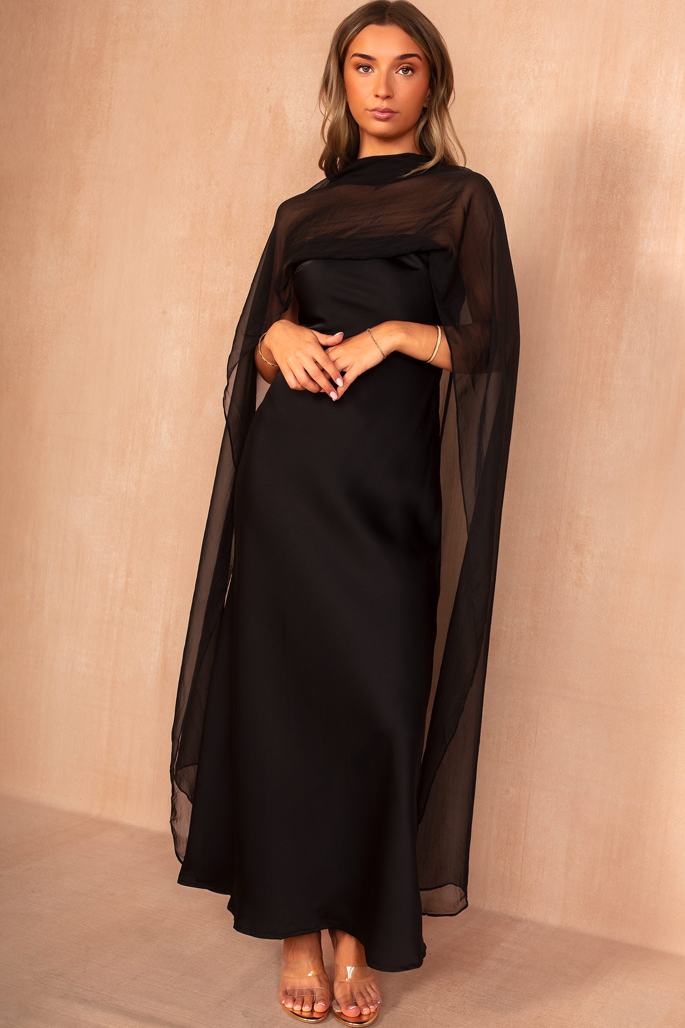 Josephine Black Satin Scarf Detail Maxi Dress