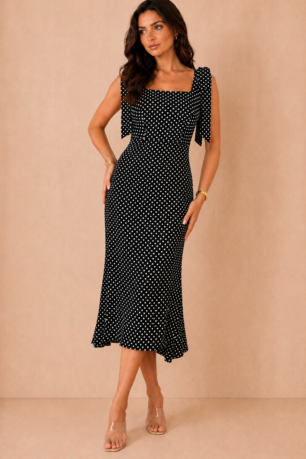 Jovi Black Polka Dot Tie Shoulder Dress