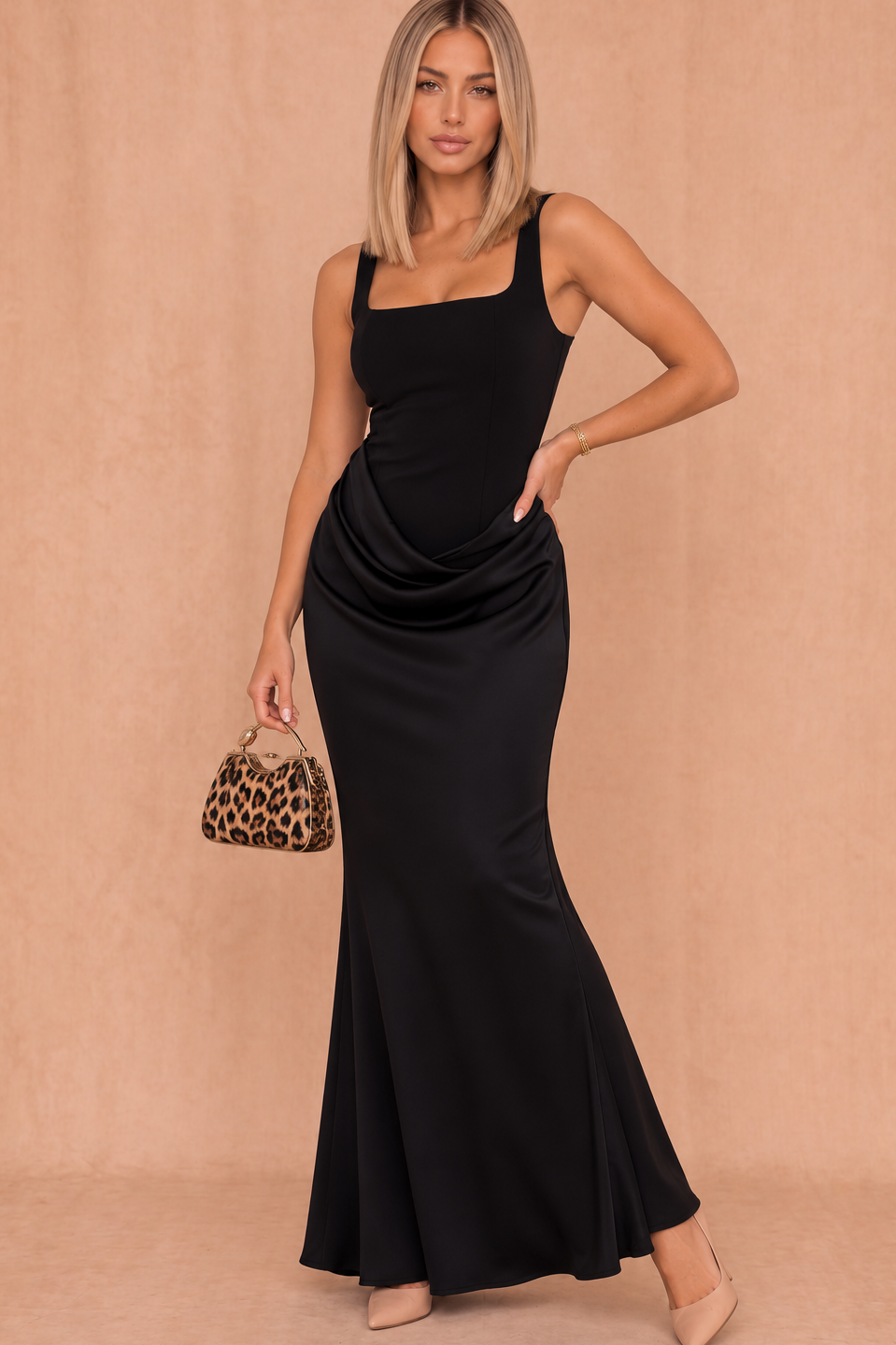 Justine Black Satin Ruched Panel Maxi Dress