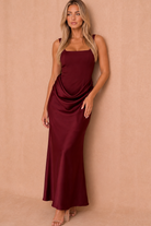 Justine Burgundy Satin Ruched Panel Maxi Dress