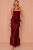 Justine Burgundy Satin Ruched Panel Maxi Dress